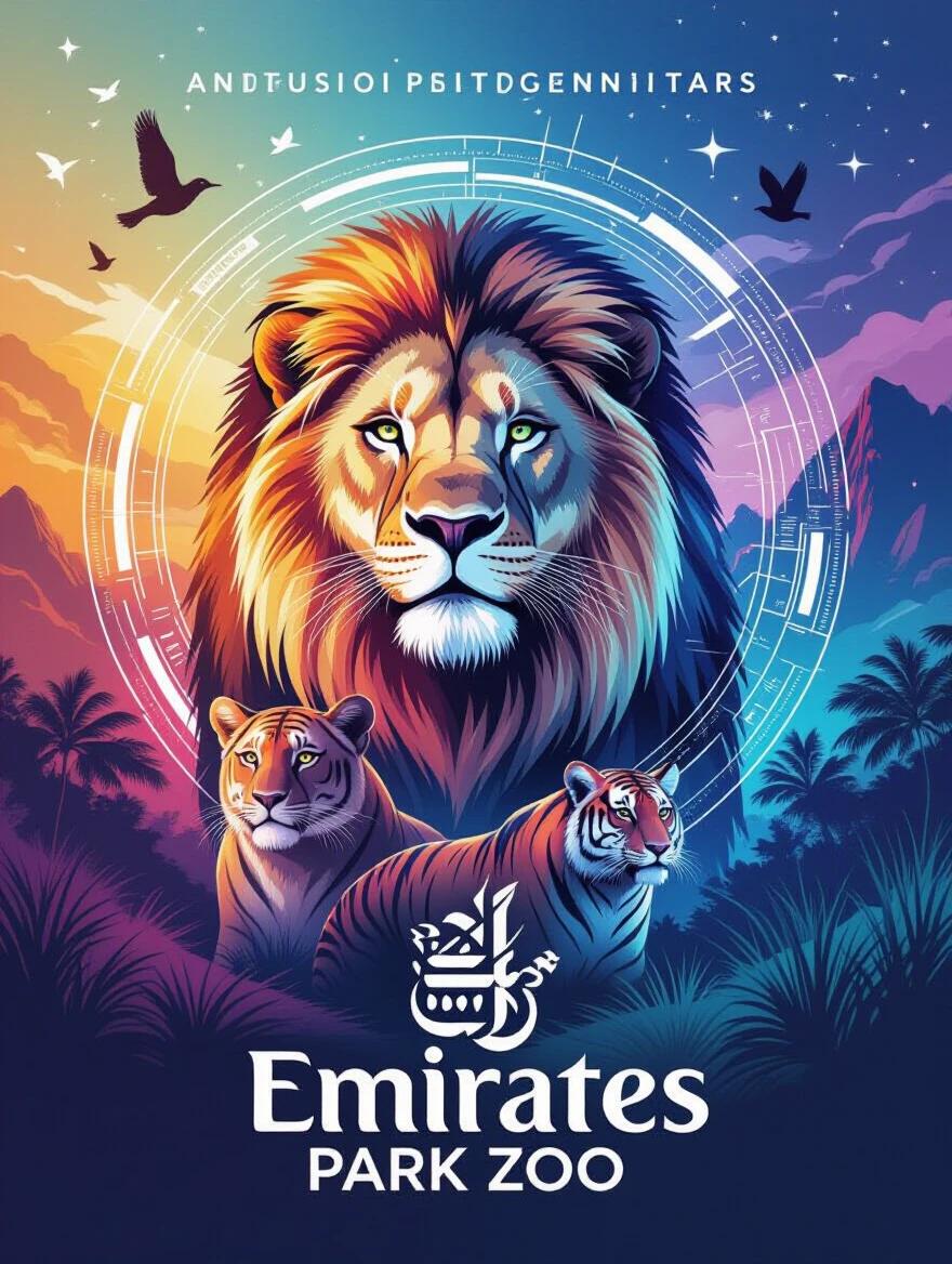 Futuristic poster design featuring animals from Emirates Park Zoo. Integrate natural and technical elements in a bold manner. Use vibrant color gradients to symbolize renewal. Emphasize the zoo's logo distinctly.