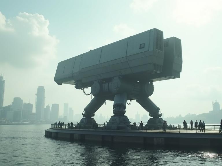 Cinematic view of a large sci-fi mechanical structure on a rotating platform. The structure is bulky and sleek, resembling a plasma gun. It stands by a city across the river. Small figures are visible on the platform near guard rails. The overall scene has a white sunny sky with clouds and shadows.