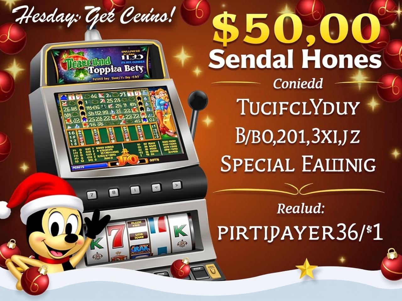 Create a promotional banner similar to the one shown, featuring a slot machine and a character next to it. The design should be festive, with Christmas ornaments subtly placed throughout the background. Use colors that evoke a warm holiday atmosphere, incorporating reds and golds from the ornaments. Include text that highlights a special offer, ensuring it is clear and prominent. The overall feel should be inviting and evoke excitement about the promotion.