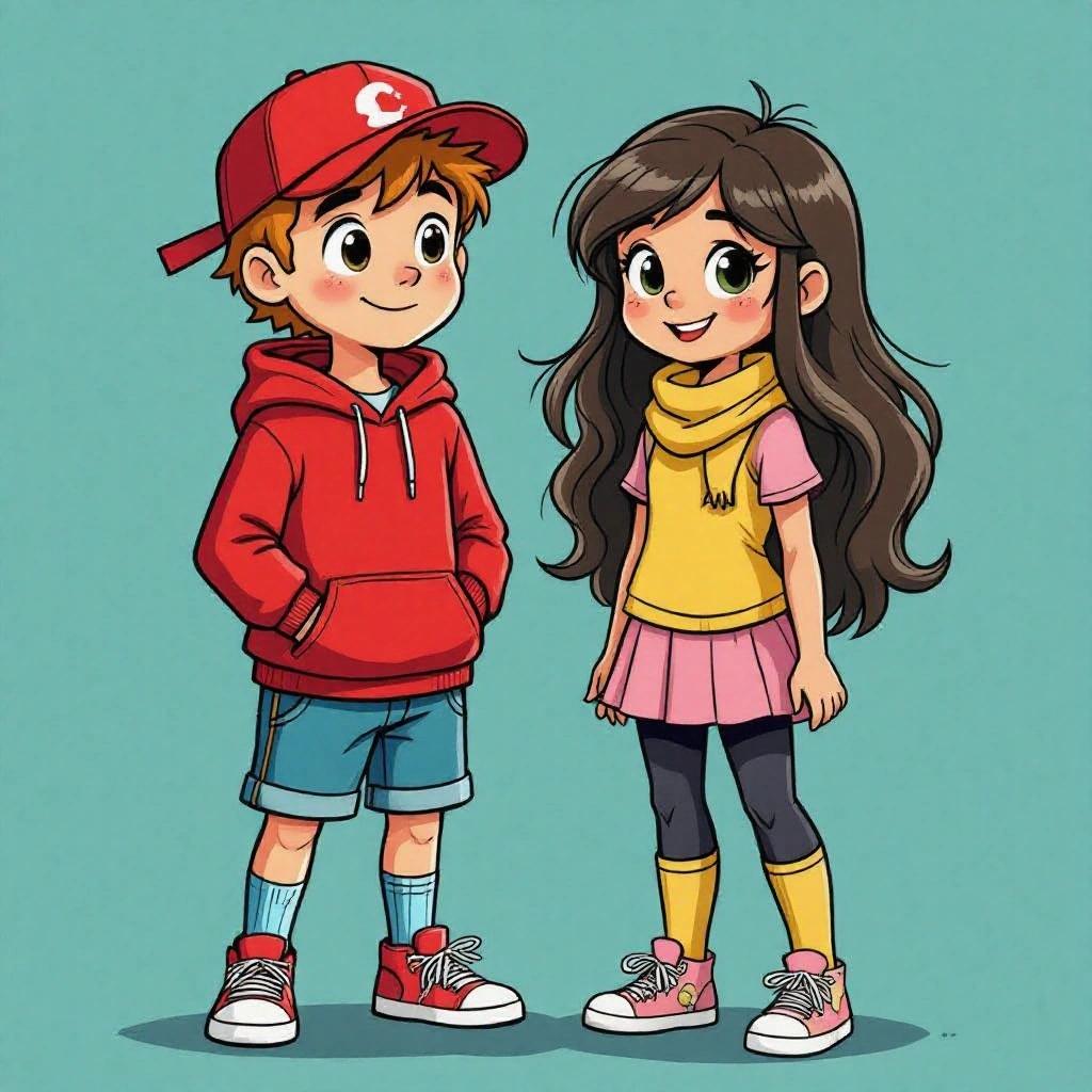Two cartoon characters boy and girl standing together. Boy with auburn hair wearing red baseball cap red hoodie blue shorts blue socks and red trainers. Girl with long dark blond hair wearing yellow neck-scarf dark pink shirt pink skirt blue tights yellow legwarmers and muddy pink converse sneakers.