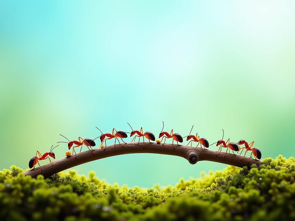 A vibrant image of a group of ants working together on a small natural bridge made from a twig. The ants are shown in various poses as they move along the branch, some carrying small pieces of food. The background features a soft blue sky that gradually blends into green grass. The scene is lively, showcasing the teamwork and determination of the ants in their environment. The ground beneath them is lush with green moss, creating a contrast against the earthy colors of the twig and ants.