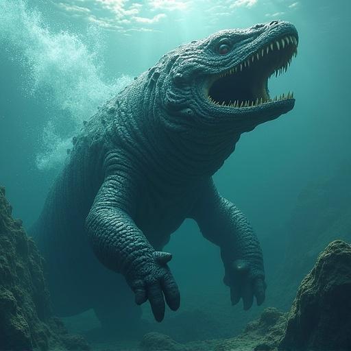 An underwater scene depicting a Leviathan. Creature emerging from dark waters. Powerful and intimidating presence with sharp teeth.