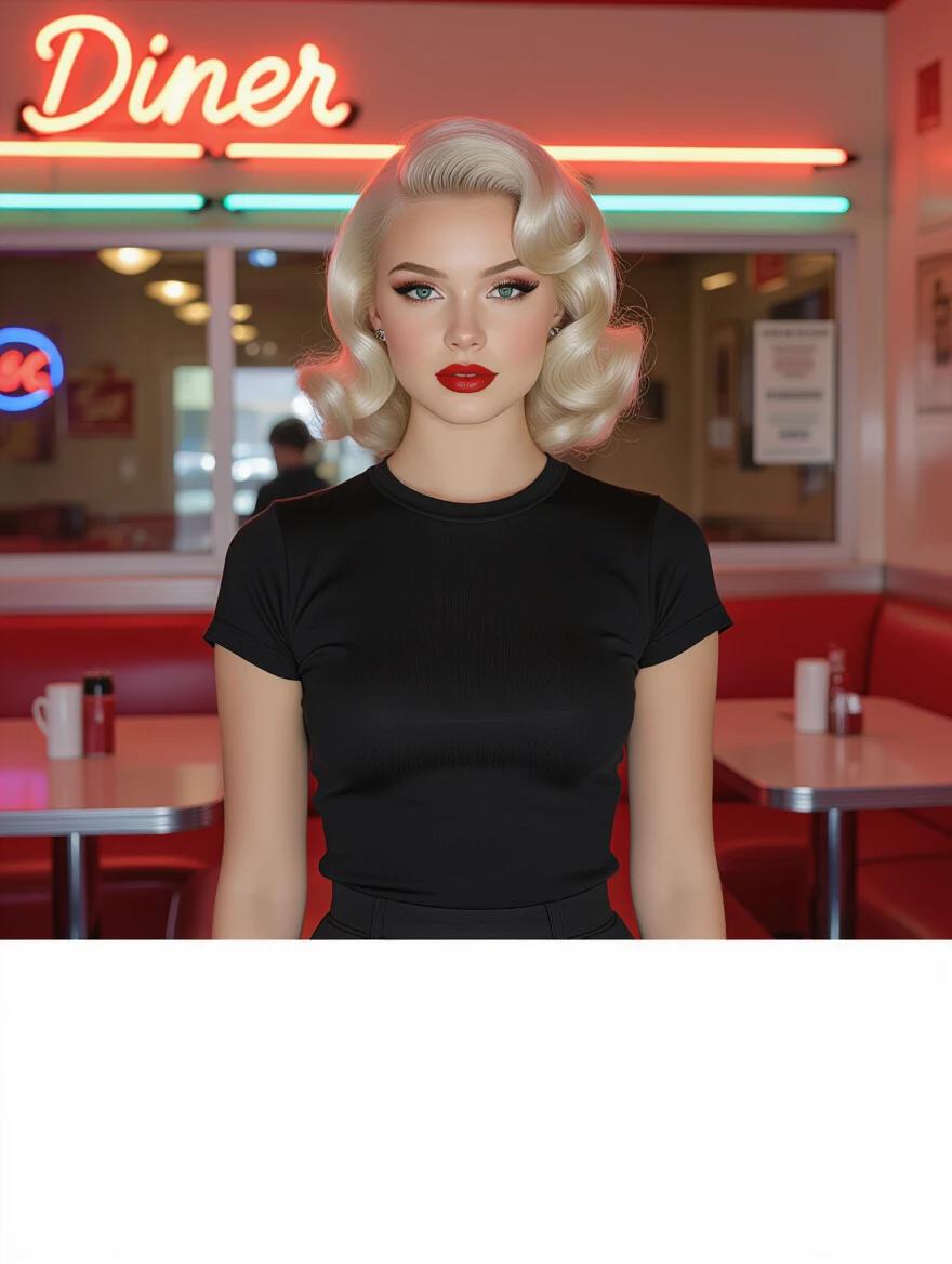 Photorealistic Gen Z woman with platinum blonde curls red lipstick vintage makeup wearing a plain black fitted t-shirt stands in front of a retro diner with neon signs light falls on her shirt shot from just above the knees