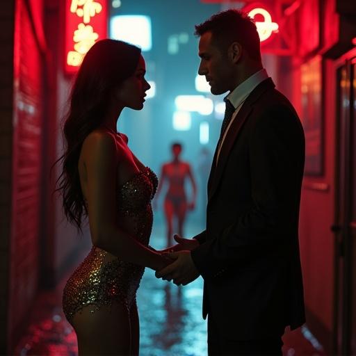 A sultry rain-slicked street in the Red Light District. Neon signs bleed into the haze of twilight. A ladyboy in a sequined dress stands at the edge of a narrow alley. She faces a man in a rumpled suit. Behind him, a shadowy figure emerges from fog, a rival dancer with a soaked outfit. The man hesitates, his phone buzzing in his pocket. The alley’s light casts shadows, blurring intimacy and intrusion. The dancer’s lips part in a silent plea. The moment is suspended between passion, betrayal, and the street’s unyielding pulse.