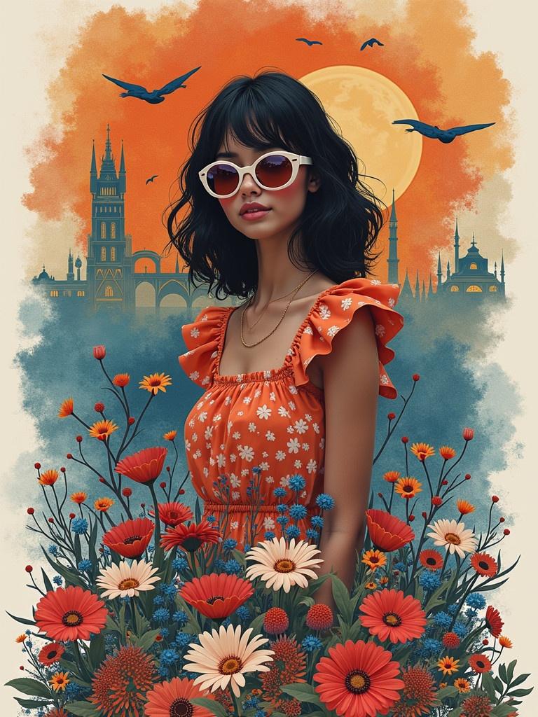 Create a vibrant collage featuring a woman in a floral dress surrounded by bright flowers and an enchanting cityscape in the background.