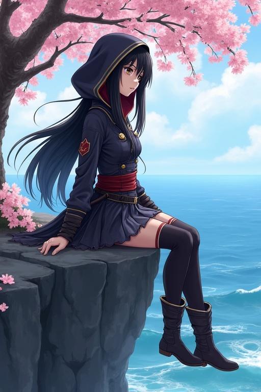 Young Japanese woman with long black hair and bright brown eyes in a hooded assassin's outfit. Seated on a cliff in a cherry grove. Looking out at the sea with a wistful expression.