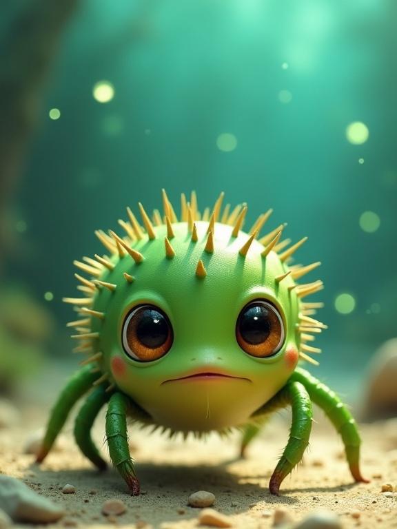 A whimsical animated creature has a spider-like appearance in an underwater or otherworldly environment. This creature has a rounded green body covered in small pointed spines. The spines are darker green with golden tips. It has large expressive brown eyes and a small downturned mouth that creates a pouty look. The creature has eight slender green legs standing on sand and pebbles. The background features a teal-blue gradient with glowing particles and small green orbs, creating a magical atmosphere.