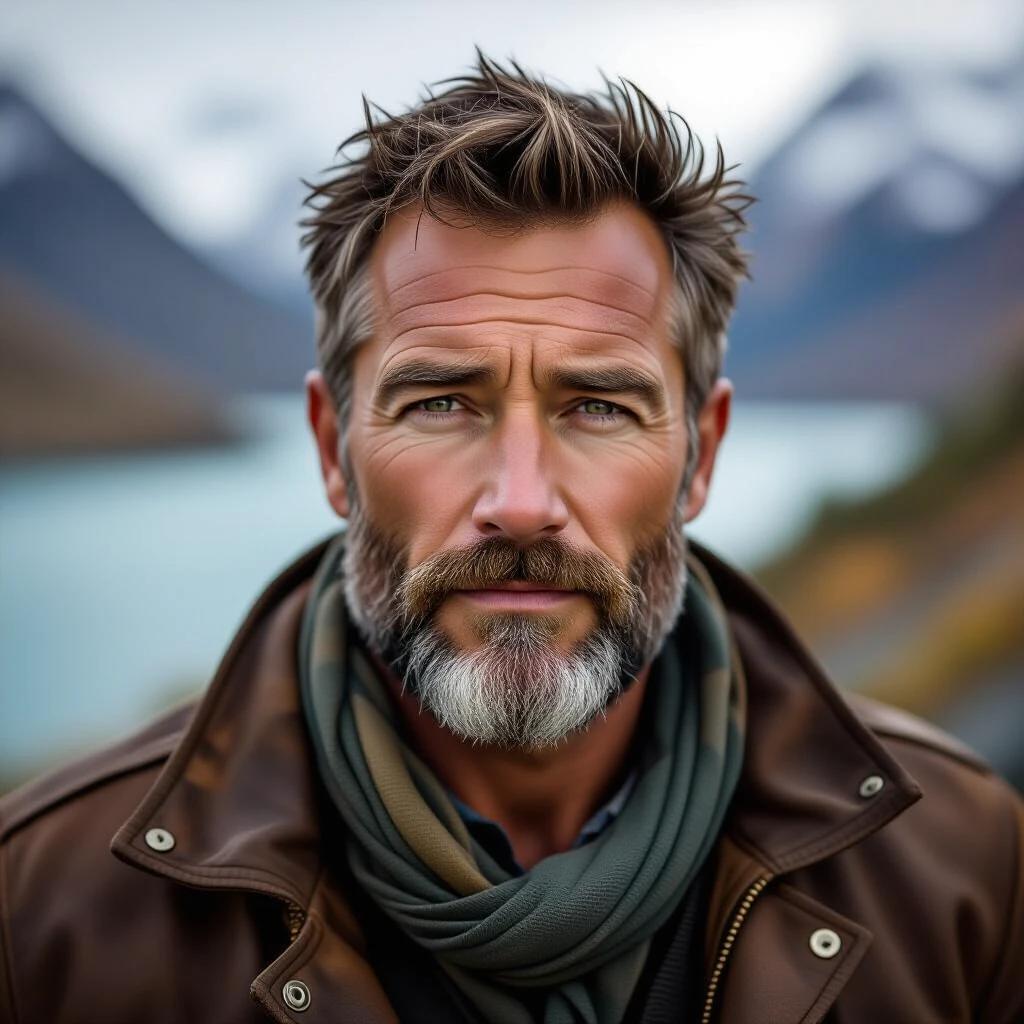 A world-traveled adventurer in his 40s to 60s. He has a chiseled jawline and well-groomed facial hair. Skin is sun-kissed and weathered. Sharp, reflective eyes show deep experience. Muscular build with broad shoulders. Dressed in a weathered leather jacket, layered with scarves and travel-worn gear. Accessories include a compass necklace and a vintage watch. The background is atmospheric with a natural setting. Use cinematic portrait lighting.