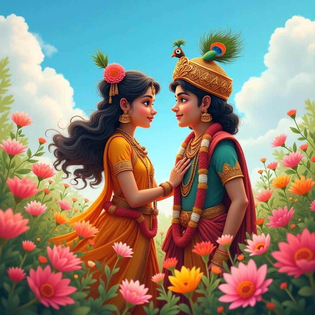 Radha and Krishna depicted in a vibrant flower garden. They are shown close together, conveying a sense of love and devotion. The background features a bright sky emphasizing the joyful atmosphere.