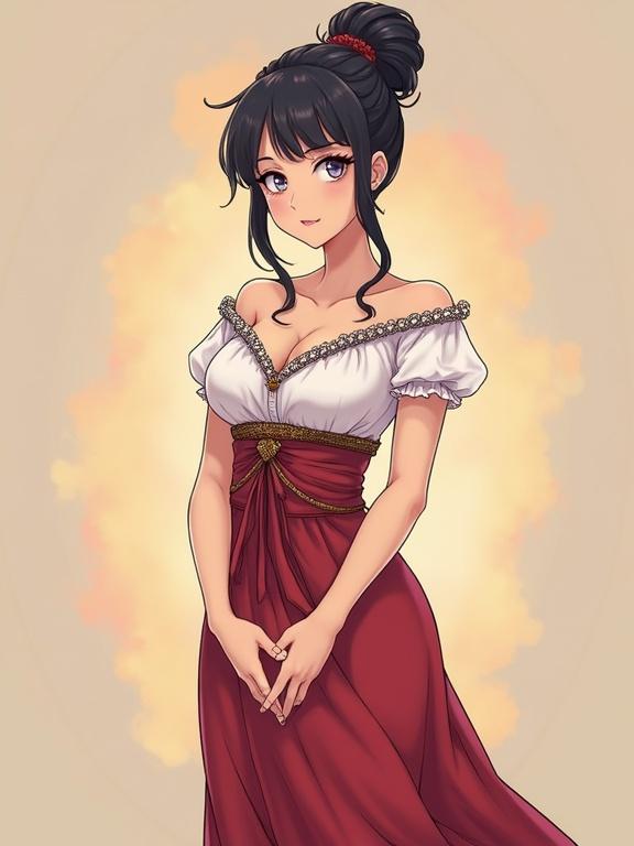 beautiful anime mother in an elegant dress with an updo hairstyle standing full body