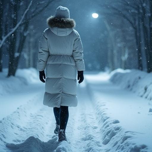 A woman walks in the snow at night. She wears a warm coat with a fur hood. The scene is illuminated by soft lighting. Snow covers the ground and trees. It’s calm and peaceful.