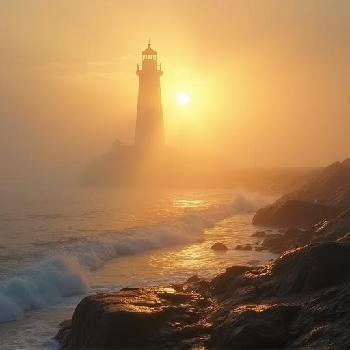 Distant lighthouse visible through morning fog. Sunlight breaks through in rays. Wet rocks and blurred waves below. Structure rendered with glowing strokes. Ethereal, warm misty palette. Light as emotion. UHD quality.