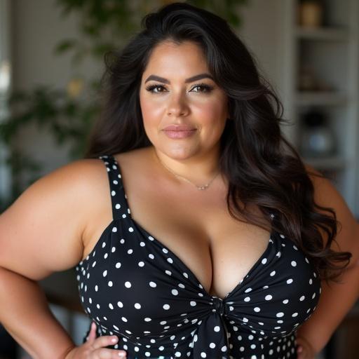 Closeup shot of a plus size woman wearing a polka dot dress with a flattering neckline. Natural soft lighting enhances features. Confidence is evident through her expression.