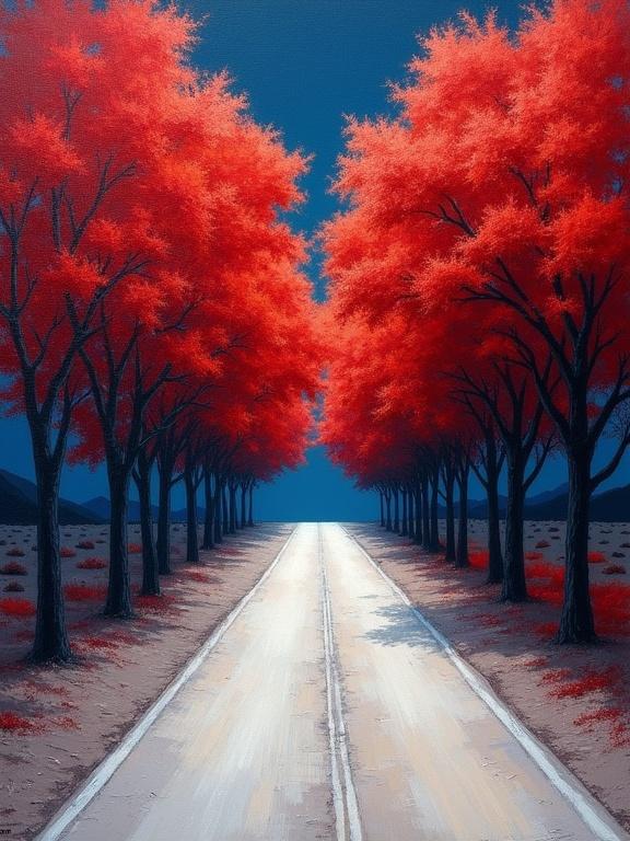 A road trail stretches into the distance surrounded by vibrant trees. Right and left are desert and blue night. The road is light gray contrasting with the crimson foliage. Dense trees create a tunnel effect along the trail. The light is soft and diffused highlighting vibrant hues. The color palette includes intense gray and light gray creating strong contrast with subtle white accents. The perspective is a straight-line view of the road leading into the tree tunnel. The composition is symmetrical and balanced with the path as central focus. The mood is serene almost romantic evoking quiet beauty. The style is abstract expressionist with strong colors and bold brushstrokes. The texture of trees is dense making it appear like vibrant abstract art. The emotional tone is full of wonder and beauty.