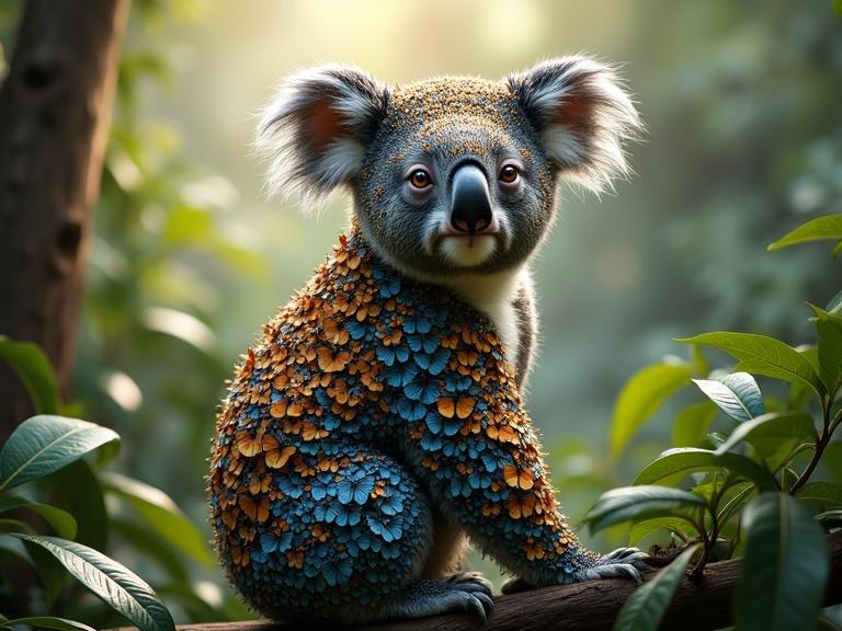 An ultra-realistic photograph of a koala made from colorful butterflies in a tropical jungle. The koala is a blend of vibrant butterfly wings mimicking fur. Sunlight filters through the leaves creating a beautiful backdrop. The background is slightly blurred to enhance focus on the koala.