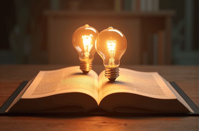 Two glowing light bulbs rest on an open book, symbolizing creativity and knowledge.