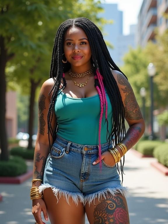 Hyper-realistic portrait of a curvy woman standing confidently on a tree-lined urban street. She has a light brown complexion and a healthy glow. Long, intricately braided dreadlocks adorned with golden cuffs and vibrant threads. Fitted teal tank top and denim shorts with gold tassel details. Arms and thighs decorated with colorful tattoos. Accessories include gold hoop earrings, bangles, and a nose ring. Soft daylight lighting creating gentle shadows.