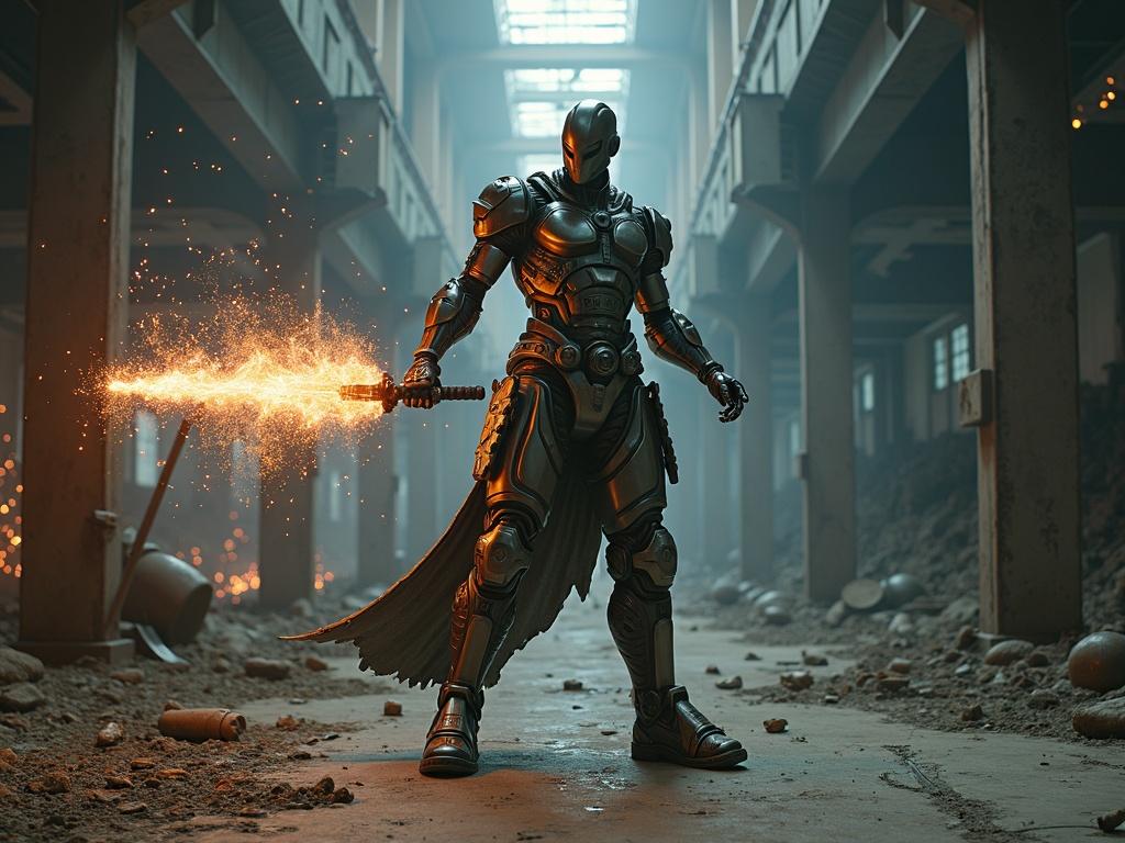 Modern-day warrior has robotic arm implants. Wields an energy blade. Stands in an abandoned factory. Sparks fly. Machinery creates a dramatic setting.