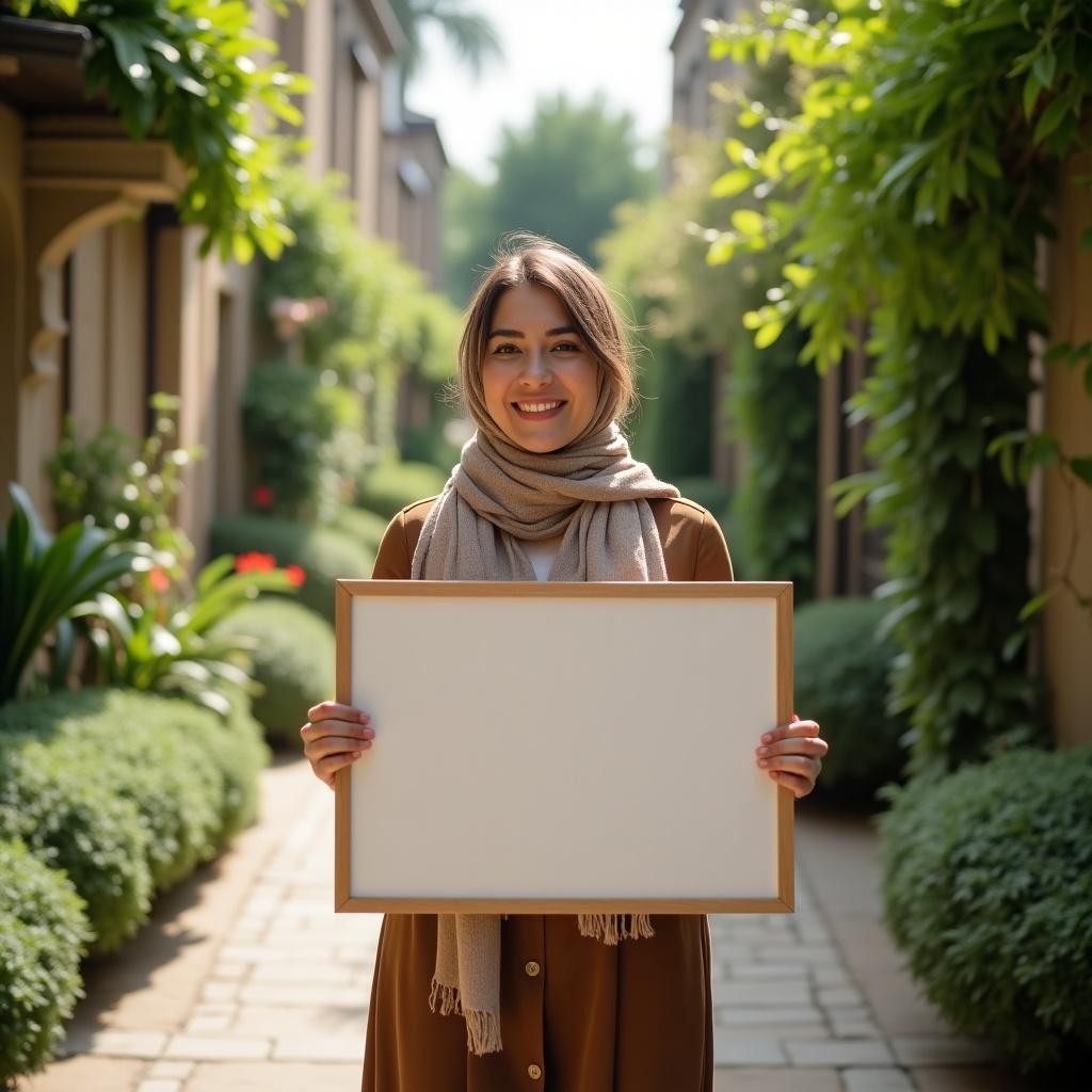 A beautiful 35-year-old Iranian girl holding a blank rectangular sign in a garden setting. She is adorned with a lovely scarf and full clothing. The garden is spacious and natural, creating an inviting atmosphere.