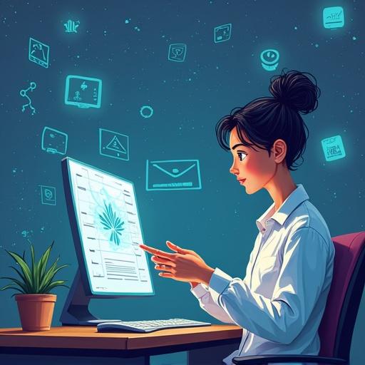 Cartoon illustration of university student engaging with AI technology at a computer. Student is seated at a desk with a monitor displaying data analysis. Room filled with digital elements implying study and technology.