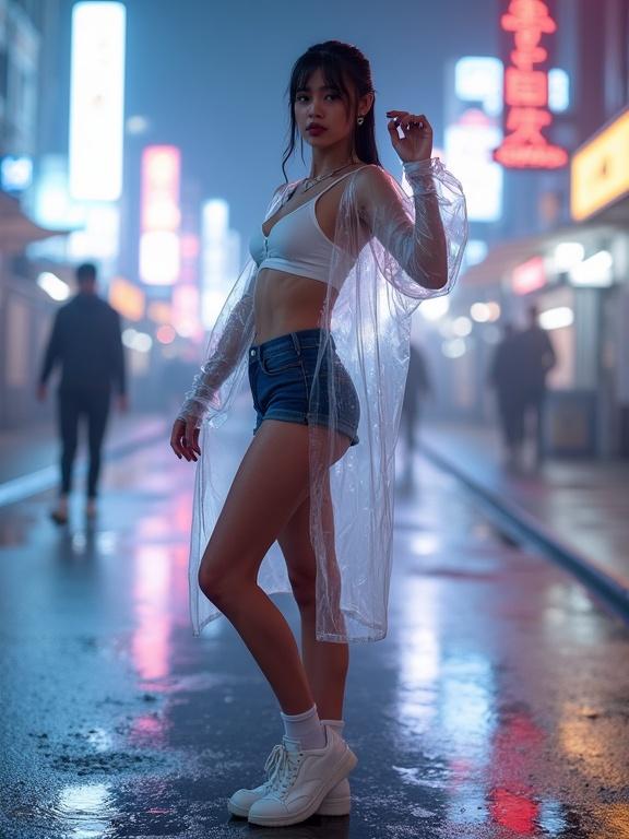 Photograph of a person standing on a cyberpunk street at night. Surrounded by neon lights and puddles. Dressed in a white bralette, dark blue booty shorts, and a transparent raincoat. White sneakers with white socks. Raincoat wet and translucent, outlines visible. Person tilting slightly to the right, right hand on forehead, left arm extended. Black painted fingernails. Light skin tone and wet pulled-back hair. Clean sneakers contrasting with the wet raincoat texture. Simple composition focusing on the outfit.