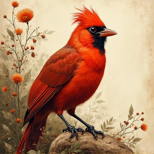 A vividly illustrated vermilion bird perched on a rock surrounded by colorful flowers. The image showcases an earthy and vibrant aesthetic.