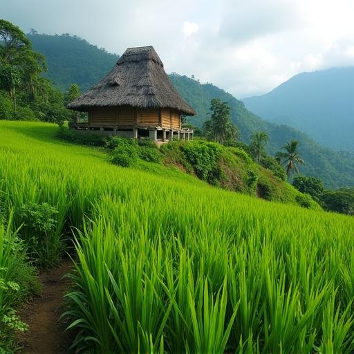 Indonesian vanilla plantation on a gentle hill with a hut in the background surrounded by green paddy fields.