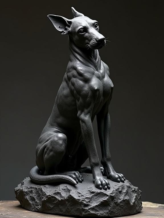 Sculpture of a Klingonian dog goddess. Posed on a textured black lava base. Captures a mysterious and artistic essence. Fantasy art style.