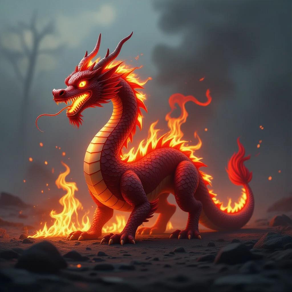 Dragon illustrated in flames with bright colors. Strong features and fiery presence. Background shows smoke and soft lighting.