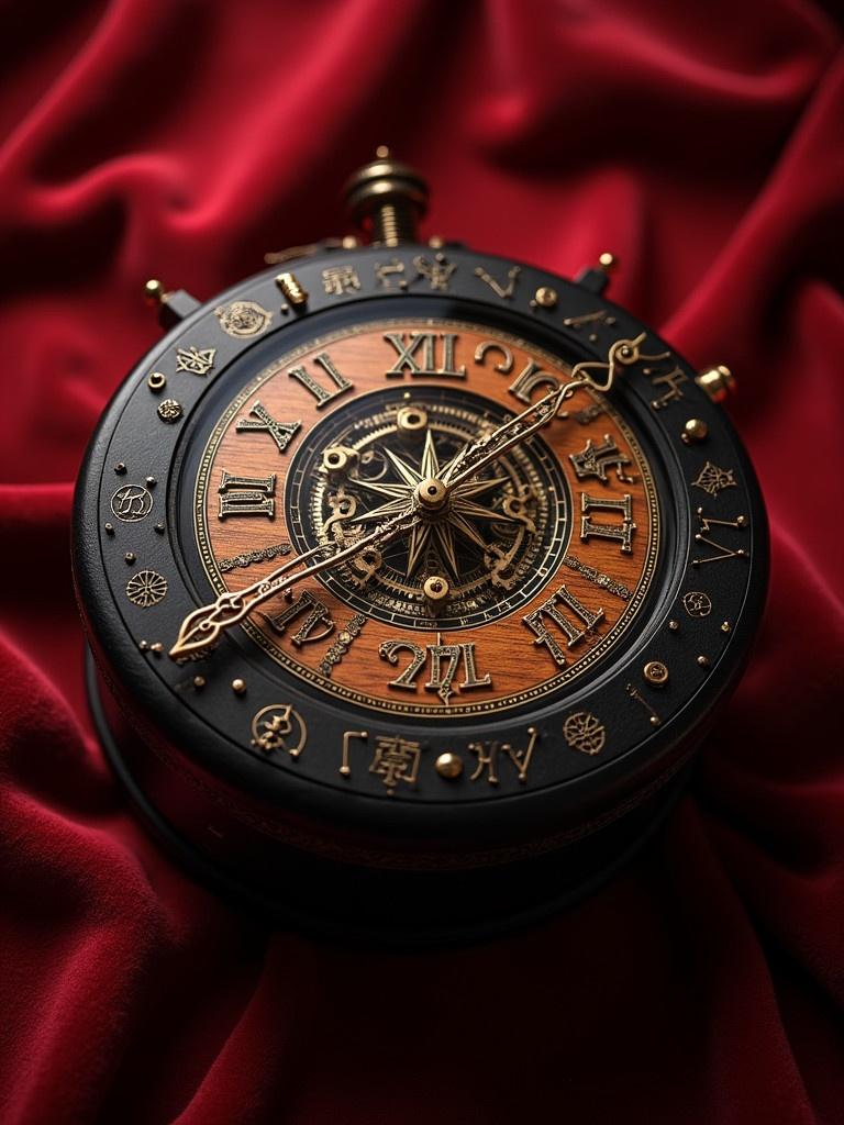 Mechanical puzzle designed with mystical symbols and gears. Features a cocobolo wood dial face and round matte black body. Resting on red velvet fabric. Warm golden light illuminates the piece. Viewed from above.