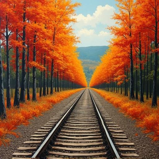 Autumn landscape. Train tracks cut diagonally through vibrant orange and red-leaved trees. Exaggerated perspective with twisting rails leading to the horizon. Style blends geometric order and dynamic movement. Palette includes rust red, forest green, and golden yellow. Mood is dynamic, nostalgic, and transitional.