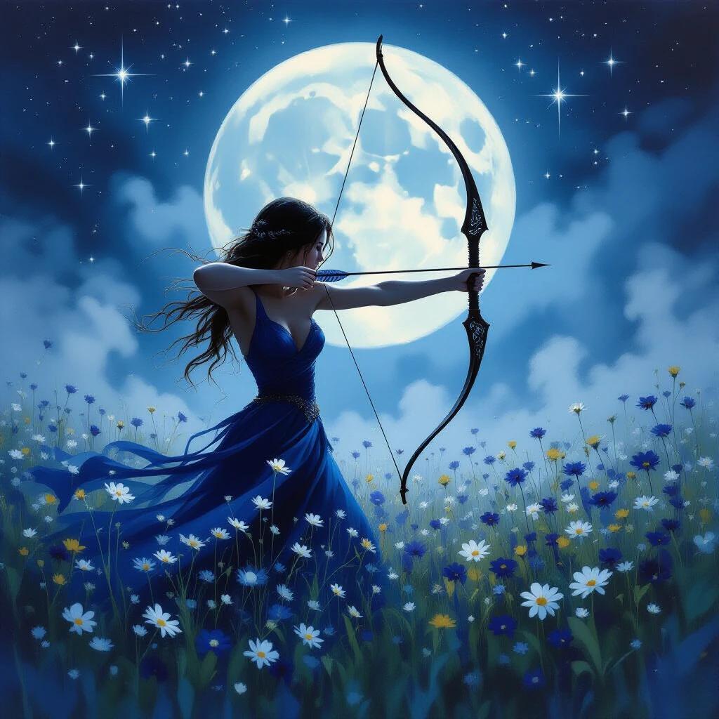 Moonlit scene featuring an archer in a wildflower field. Archer in motion with bow drawn. Background includes a large glowing moon. Expressive brushwork and luminous colors throughout. A dreamy, abstract quality in the art style.