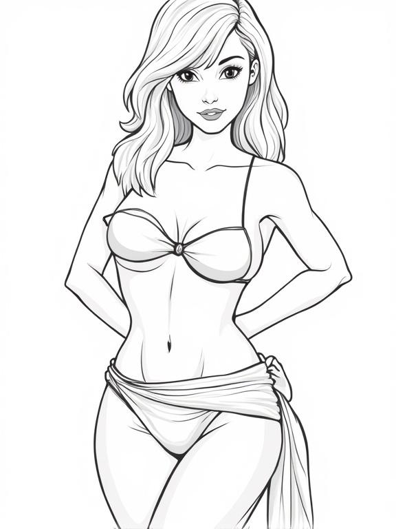 Vector illustration of a woman wearing a bikini with a sarong. The figure highlights wide hips and is presented in a close-up portrait style. The drawing is done in black and white outline without any colors.