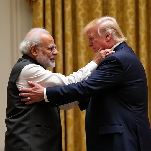 Interaction between two political leaders in a formal setting. One leader appears to be playfully slapping the other. Bright indoor setting with yellow curtains.