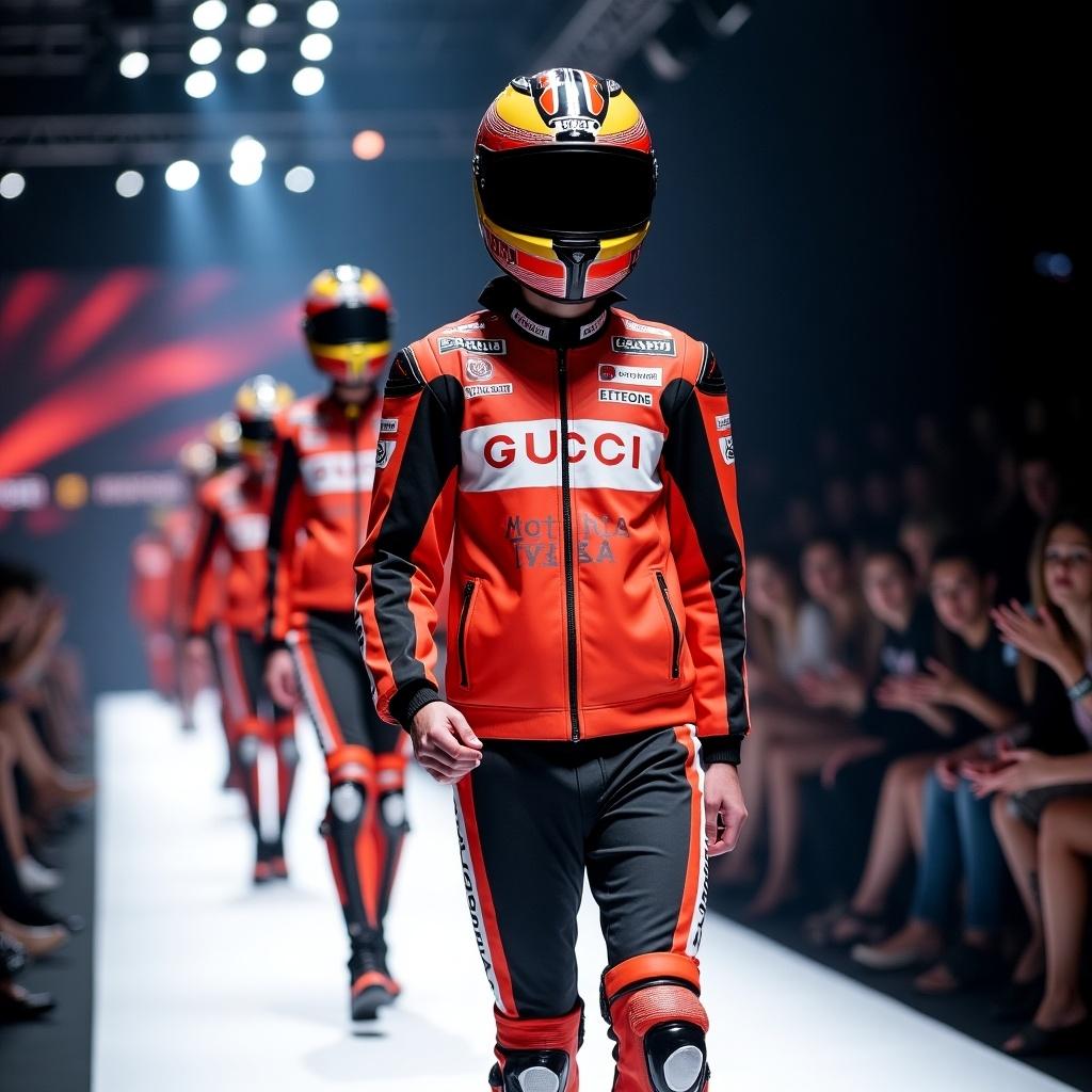 This image showcases a dynamic fashion show featuring models walking down a runway. The theme is a collaboration between MotoGP and Gucci, highlighted by the vibrant racing outfits the models wear. Each model sports a stylish helmet and distinctive racing jackets, creating a thrilling motorsport atmosphere. The stage is filled with lights and an enthusiastic audience, enhancing the excitement of the event. This blend of high fashion and motorsport culture captures the essence of modern fashion trends in a unique and captivating way.