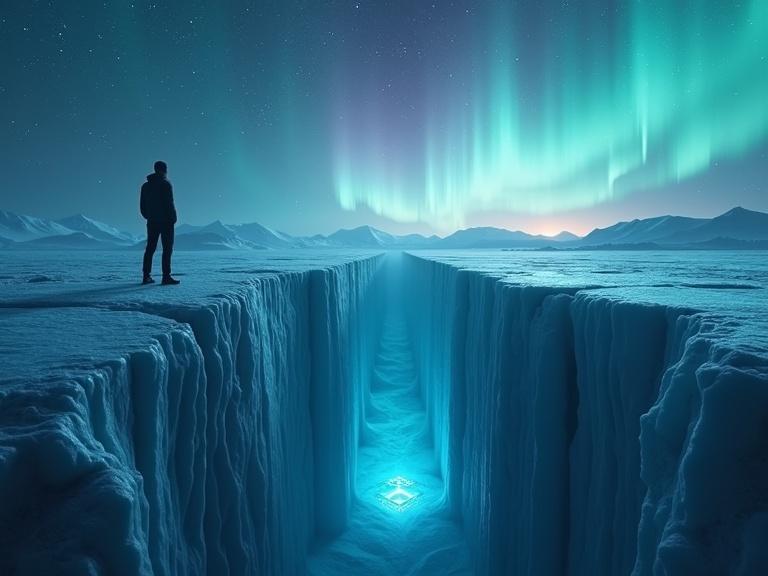 A dramatic scene depicts a lone figure at the edge of an icy crevasse. The figure gazes into a glowing structure below. Above, auroras swirl in the sky, with ghostly images of civilizations and maps. It raises a question about Antarctica's secret that could change our view of human history.