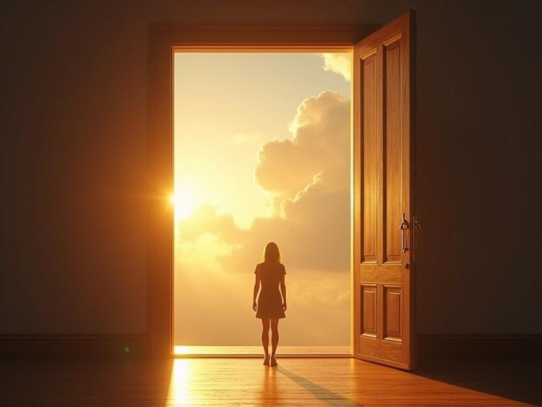 Hyper-realistic cinematic scene showing a person walking towards a wooden door that opens to a sky filled with golden clouds and brilliant light. The atmosphere conveys hope and decision. The person takes their first step across the threshold.