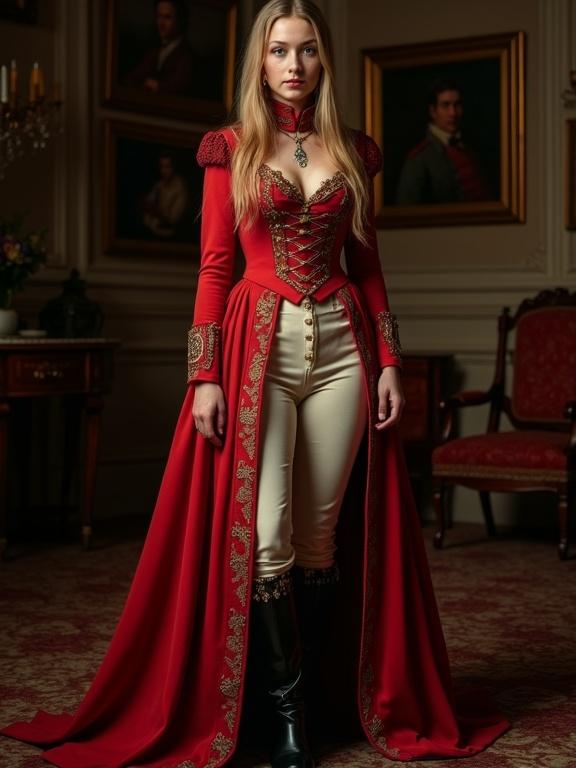 A young British woman wears a detailed red Napoleonic Wars uniform. The room is dimly lit with ornate decor. She has long strawberry blonde hair and green eyes. The uniform is intricately designed, covering her body completely and featuring a corset-like upper portion and off-white trousers. The image captures her from head to toe. She is posed confidently, with a sheath at her side.