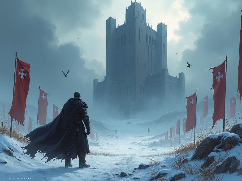 Fantasy concept art features a lone warrior in dark armor and cape. Scene set in a snowy battlefield. The warrior faces a massive, dark ancient tower. Tattered banners flutter in the wind. A dramatic cloudy sky looms overhead. Birds circle ominously. The mood is somber and epic. The artistic style is painterly digital with a cool color palette.