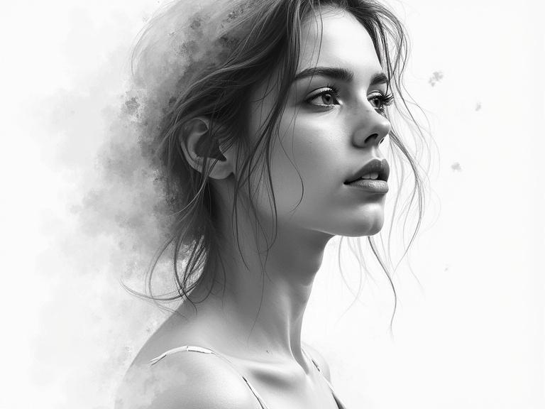 Black and white graphite sketch of a woman showing a side profile. Subtle facial features with soft shadows and a smeared background.