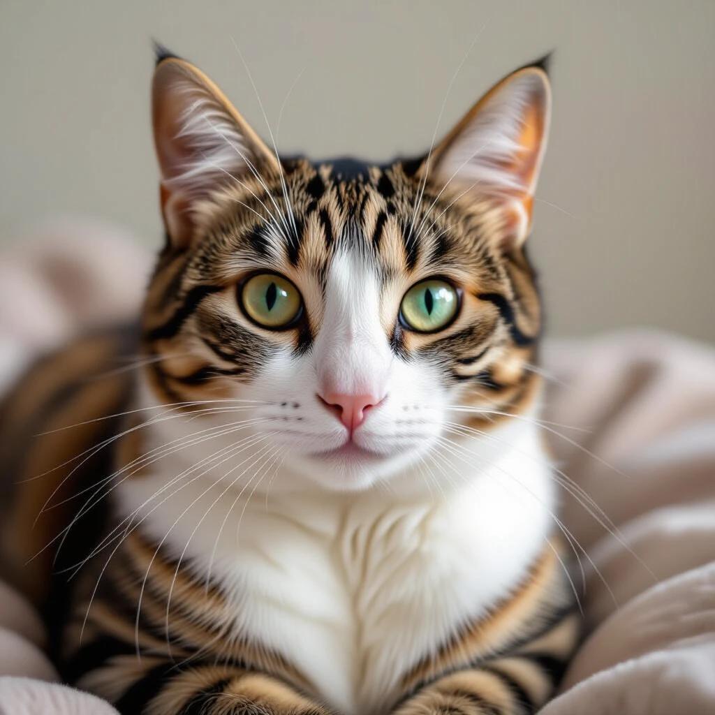 Close-up image of a cute cat with distinctive coloring and large green eyes. The cat is lying on a soft surface. Focus on the face and expression.