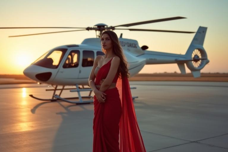 Elegant girl wearing a saree standing in front of a private helicopter. The scene features a sunset with warm hues. The focus is on the girl in formal attire. The helicopter is in the background.