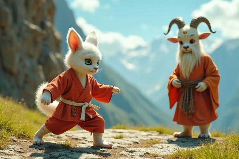 An ultra-HD 4K cinematic scene set in a mountain training ground. Kittuu practices karate moves in a light red gi. Mahaguru, an elderly goat in robes, watches intently. Bright blue sky and vibrant green grass surround them.