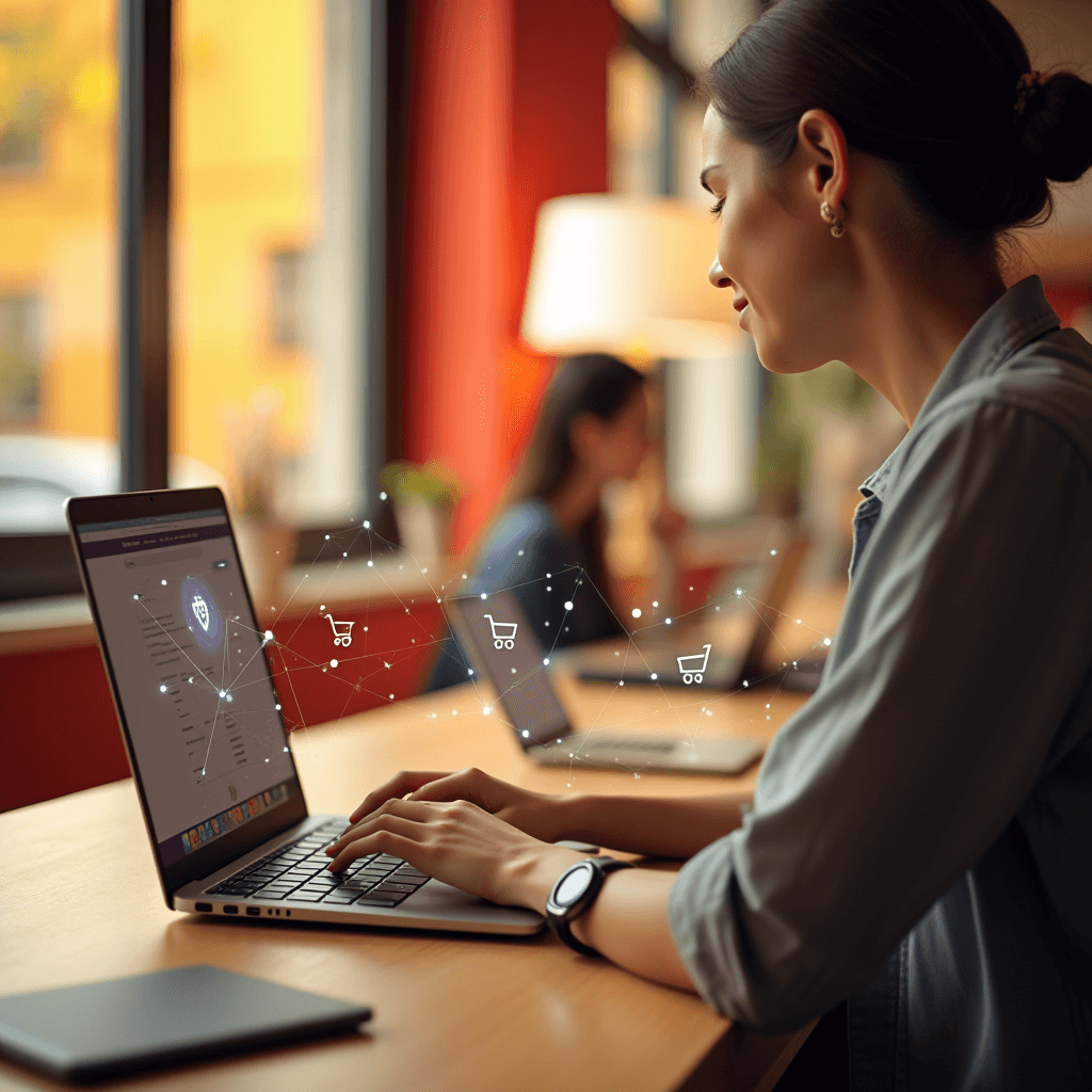 A woman working on a laptop in a cozy cafe, surrounded by digital shopping icons.