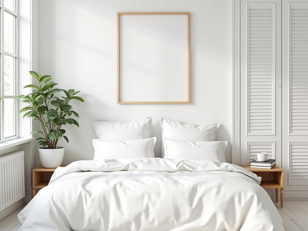 This image shows a bright and airy bedroom with white walls and wooden furniture. The bed is neatly made with white bedding and plush pillows, giving a cozy feel. Next to the bed, there is a wooden side table with a coffee cup and a couple of books resting on it. A large empty picture frame hangs on the wall, ready for a beautiful artwork or photo. To the right, there are white louvered doors that add character to the room, likely leading to a closet. A plant on the floor adds a touch of greenery and freshness, complementing the serene atmosphere.