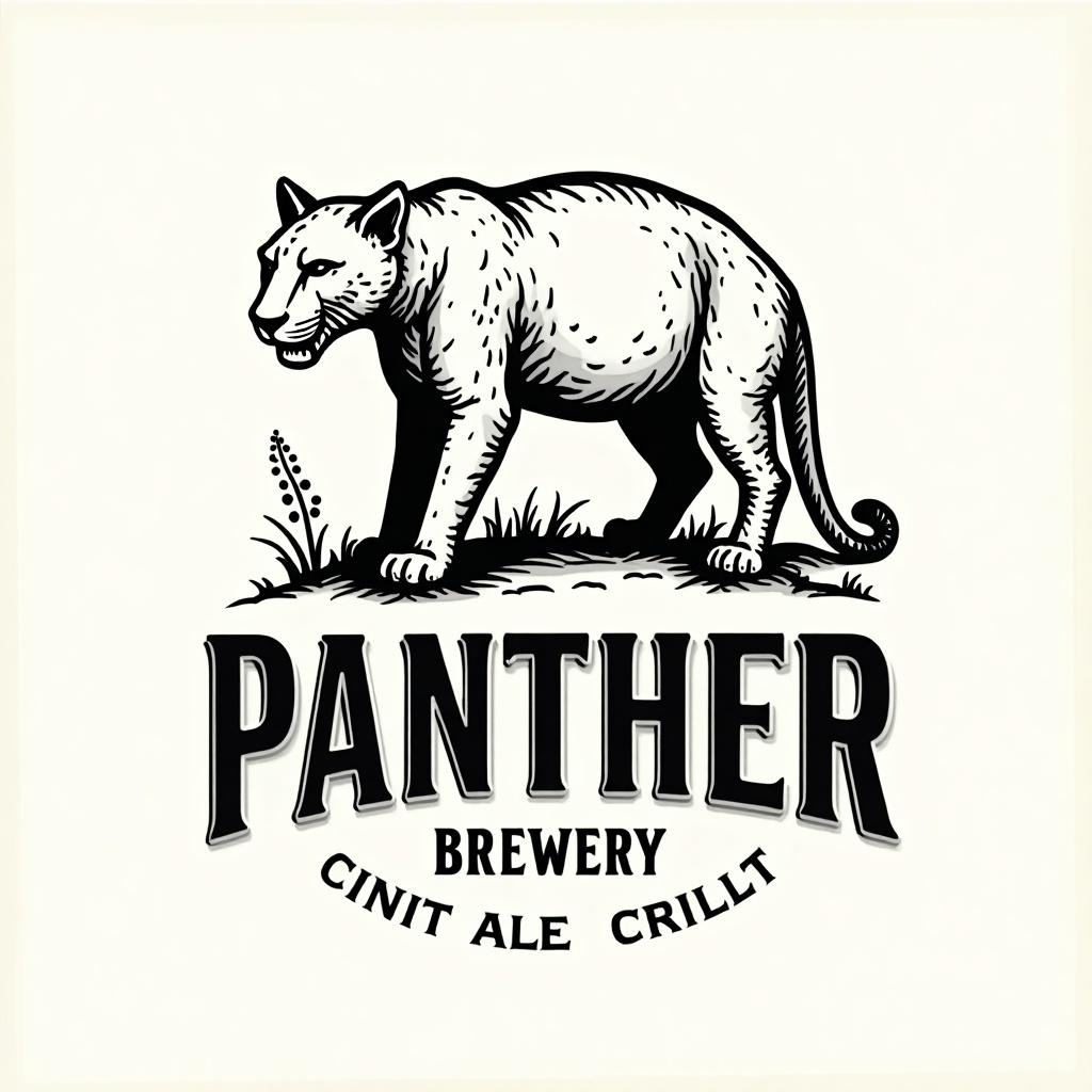 Logo design for Panther Brewery featuring a panther. Logo includes modern sans serif font. Designed in a mid-century 1950s illustration style. Black and white colors used for a traditional yet modern feel.