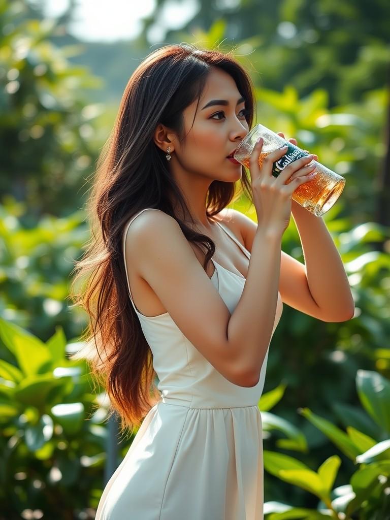 A woman in a white dress drinks from a glass in a lush green garden.