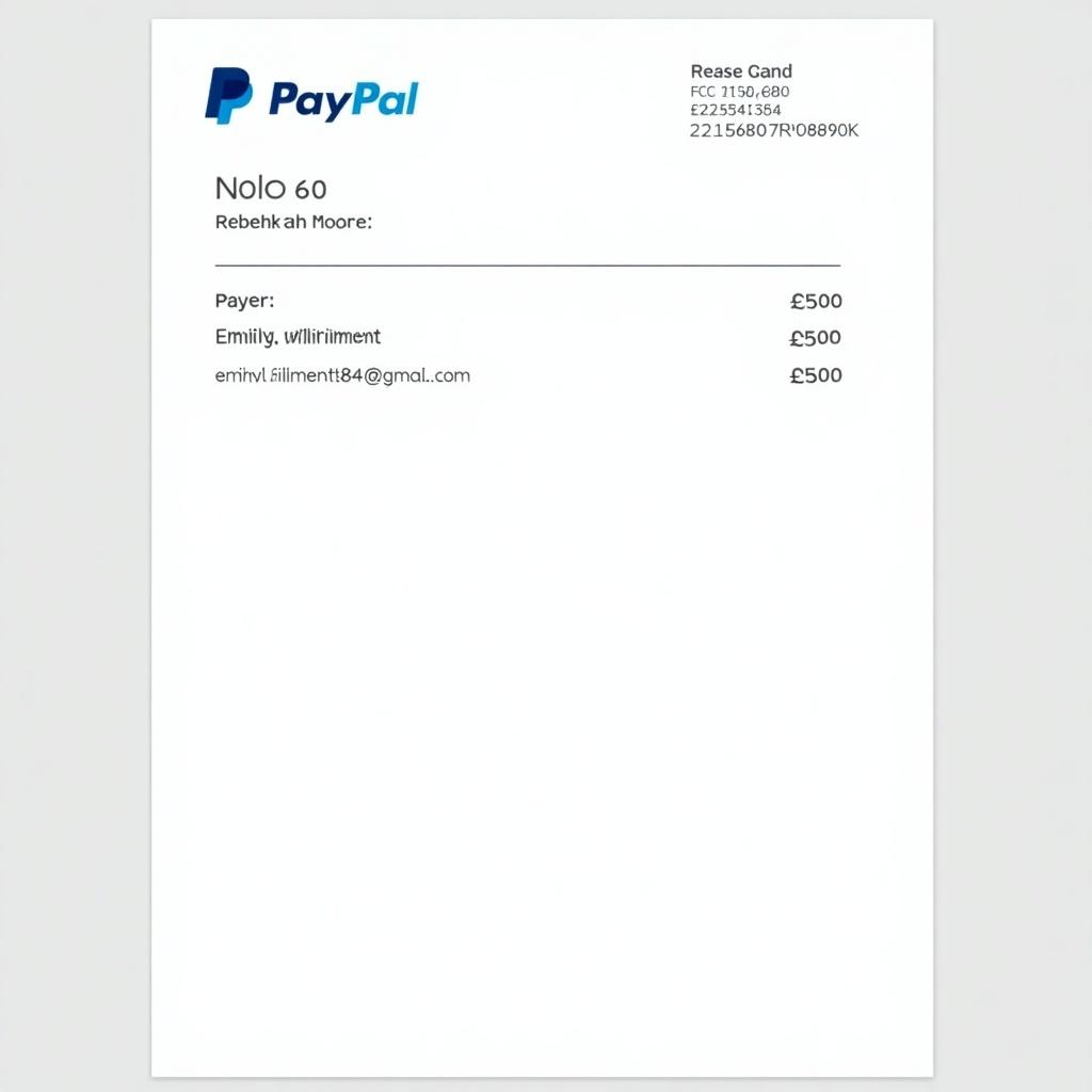 Image of a PayPal payment confirmation document detailing a transaction of £500 to Rebekah Moore. Includes payer details and transaction ID information. Clean design with PayPal logo.