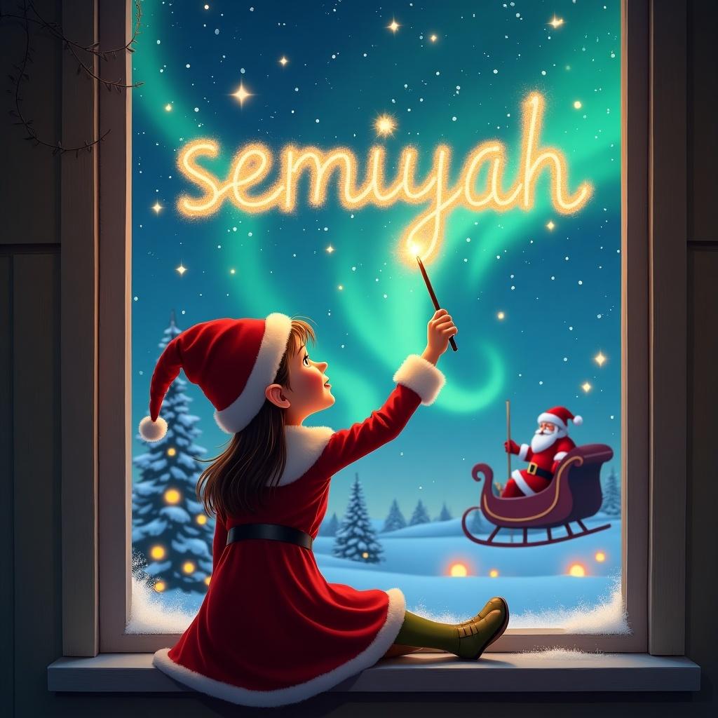 Image shows girl elf sitting on window ledge facing sky. She uses wand to write name 'semiyah' in sky. Background has magical Christmas scene with stars and northern lights. Santa Claus seen in sleigh. Elf wears classic red outfit with pointed hat.