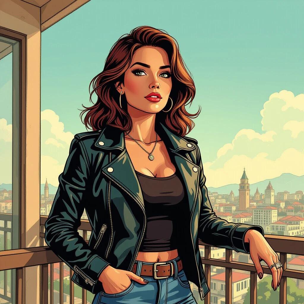Comic strip style art featuring Jodie Steel. Character in black leather jacket and tank top. Standing on balcony with view of city. Dreaming of James Dean.